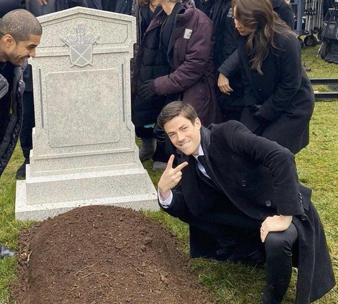 Grant Gustin Next To Oliver Queen's Grave meme template