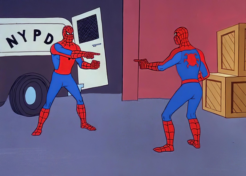 Spider-Man Pointing at Spider-Man meme template